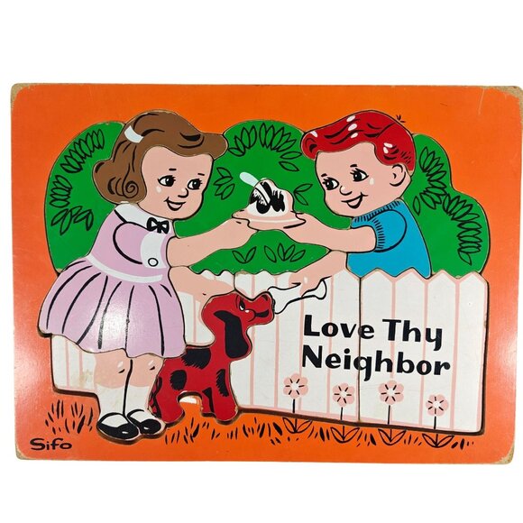 Vintage Sifo Love Thy Neighbor Puzzle Girl Boy Dog Complete 60s 70s - Picture 1 of 5